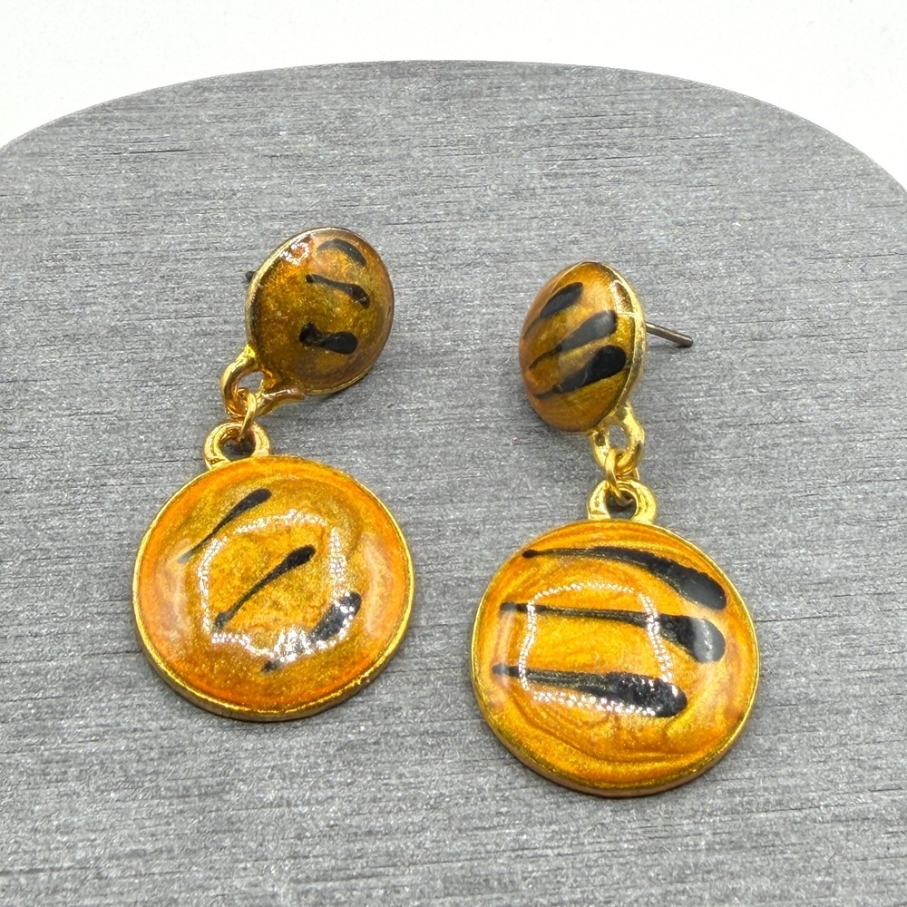 Gold & Amber Tone Enamel Abstract Dangle Drop Earrings Artisan Statement Jewelry